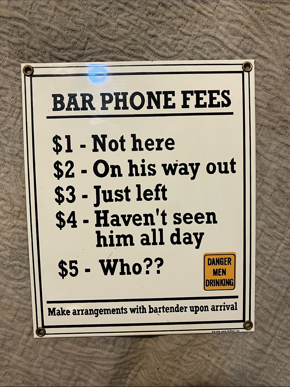 Bar Phone Fees Wall Sign - White and Black